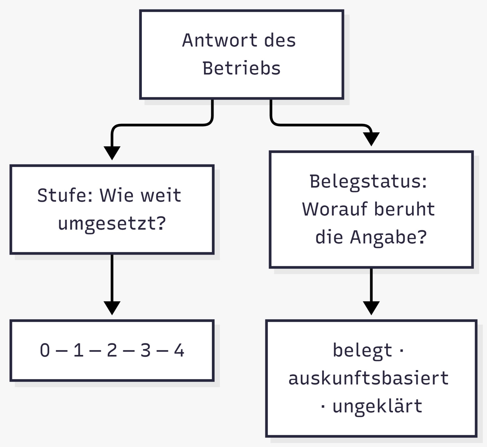 Diagramm: Die Antwort des Betriebs wird zweifach eingeordnet. Links die Stufe (Wie weit umgesetzt?) auf der Skala 0 bis 4, rechts der Belegstatus (Worauf beruht die Angabe?) mit den Werten belegt, auskunftsbasiert oder ungeklärt.